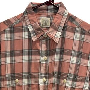 J. Crew‎ Mens Flannel Button Down Shirt Medium Plaid Coral Gray White Cotton